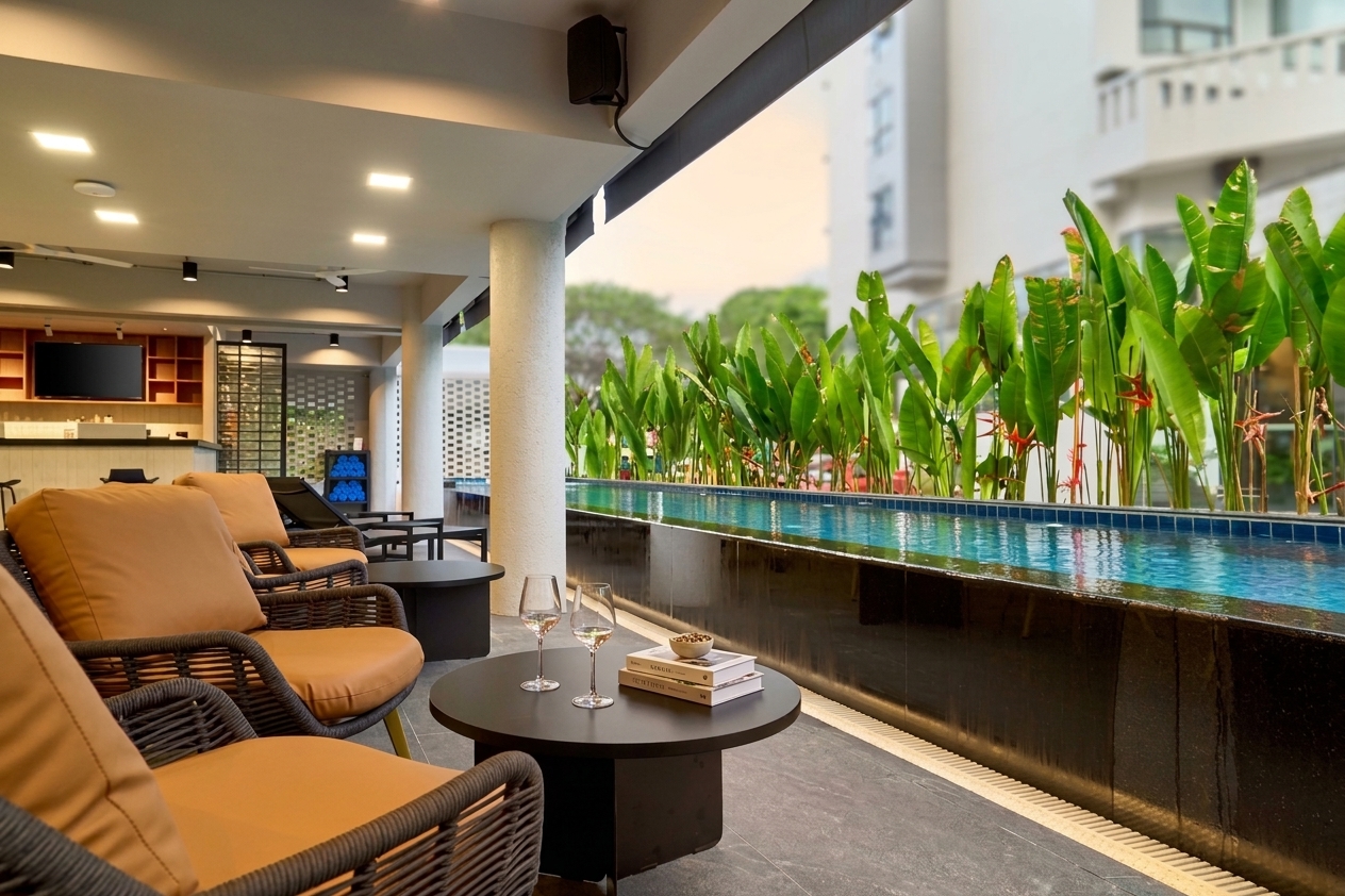 Outdoor pool and lounge seating at Lantern Chiang Mai